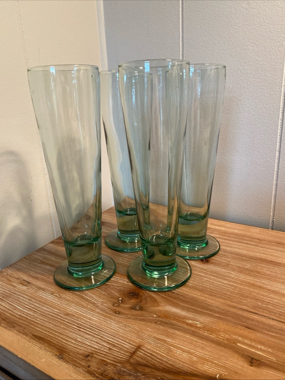 Set of 4 Hand Blown Recycled Glass 14 oz Green Pilsner Glasses - 9 1/2" Tall